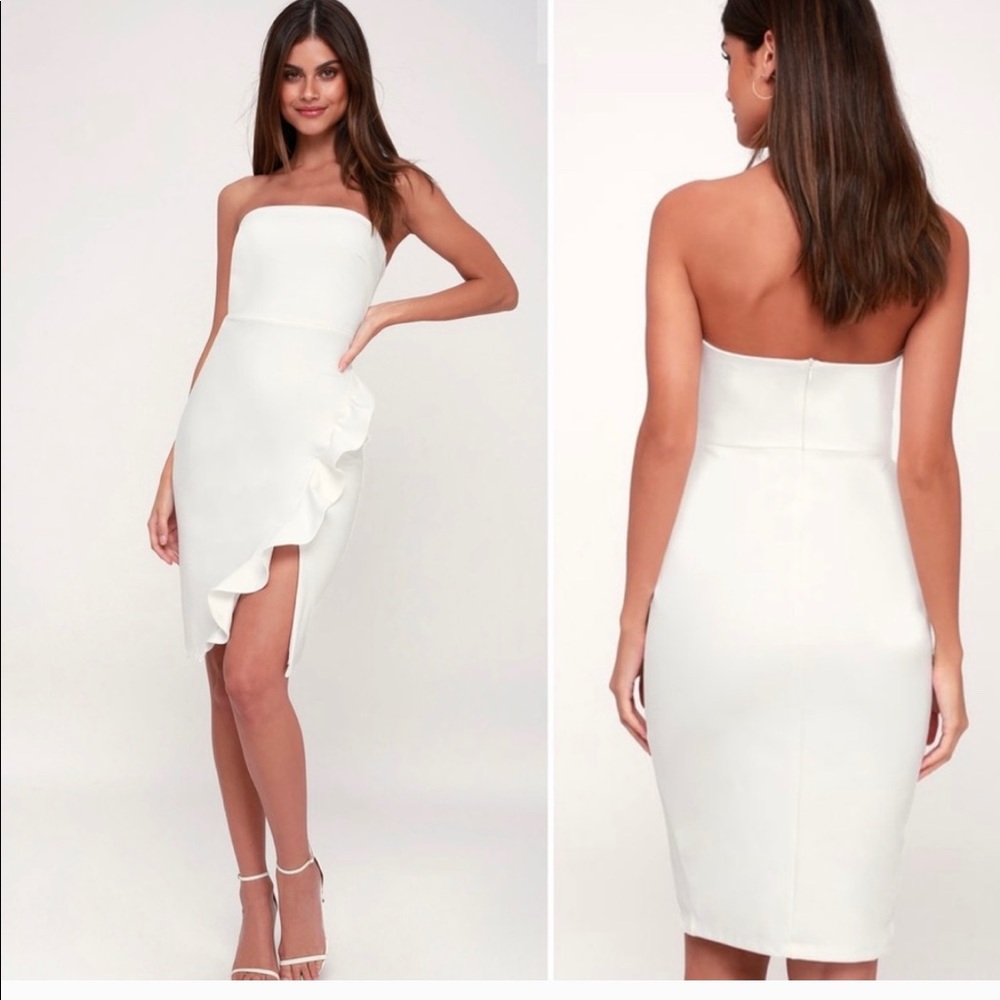 Lulu’s Anika white strapless ruffled bodycon dress